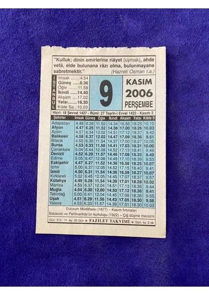 9 Kasım 2006 Takvim Yaprağı - Nostalji Koleksiyonluk Takvim Yaprağı