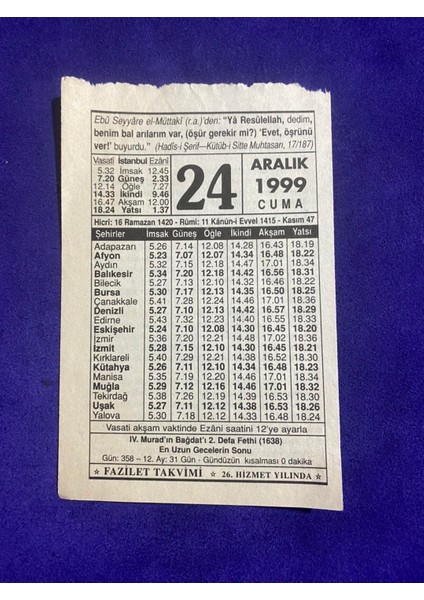 24 Aralık 1999 Takvim Yaprağı - Nostalji Koleksiyonluk Takvim Yaprağı