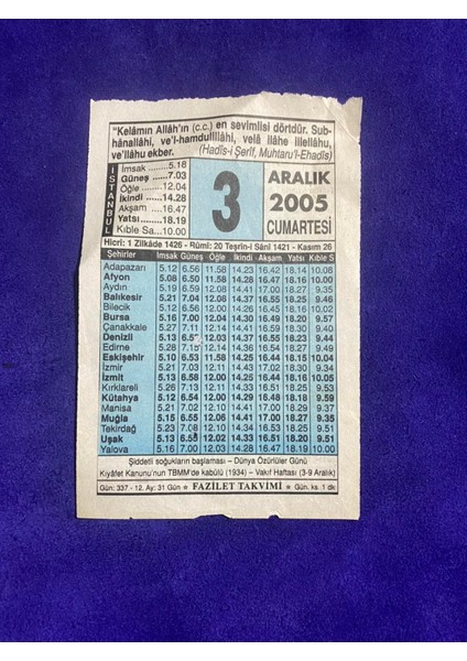 3 Aralık 2005 Takvim Yaprağı - Nostalji Koleksiyonluk Takvim Yaprağı