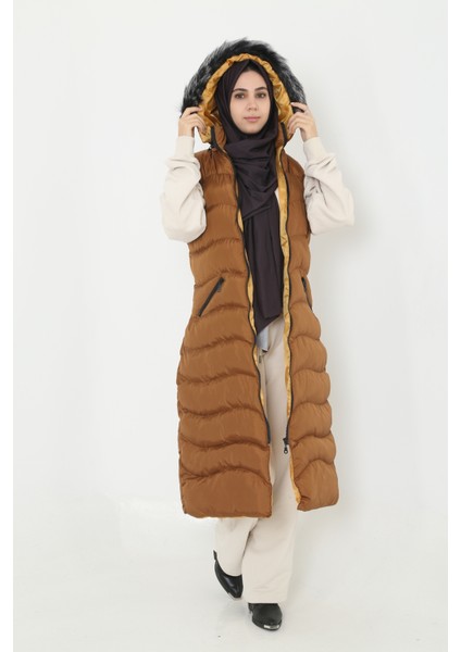 Bayan Kapişonlu Fermuar Ayrıntılı Tesettür Uzun Şişme Yelek fiyatları