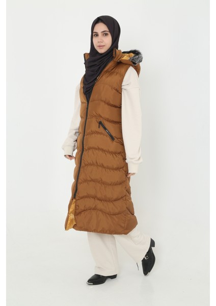 Bayan Kapişonlu Fermuar Ayrıntılı Tesettür Uzun Şişme Yelek modelleri