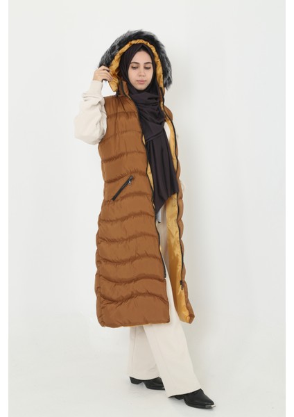 Bayan Kapişonlu Fermuar Ayrıntılı Tesettür Uzun Şişme Yelek fırsatları