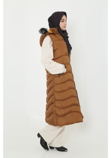 Bayan Kapişonlu Fermuar Ayrıntılı Tesettür Uzun Şişme Yelek indirimleri