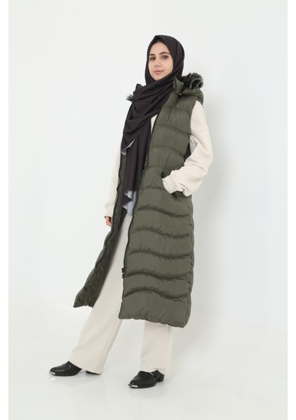 Bayan Kapişonlu Fermuar Ayrıntılı Tesettür Uzun Şişme Yelek fiyatları