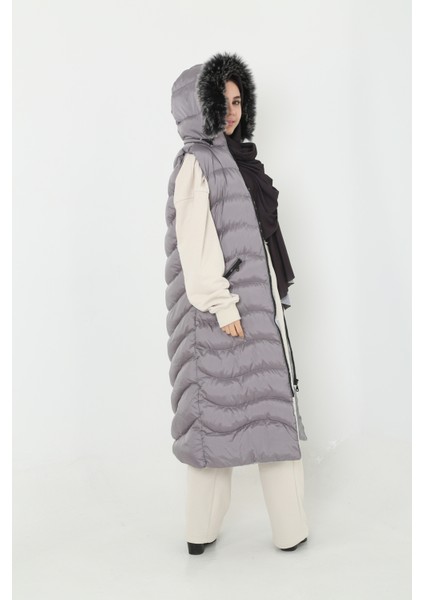 Bayan Kapişonlu Fermuar Ayrıntılı Tesettür Uzun Şişme Yelek fiyatları