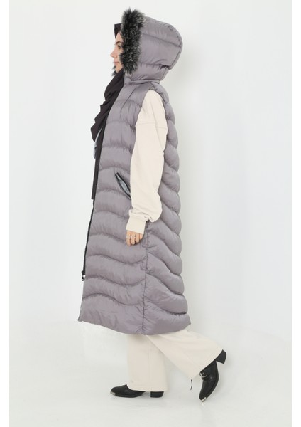 Bayan Kapişonlu Fermuar Ayrıntılı Tesettür Uzun Şişme Yelek indirimleri