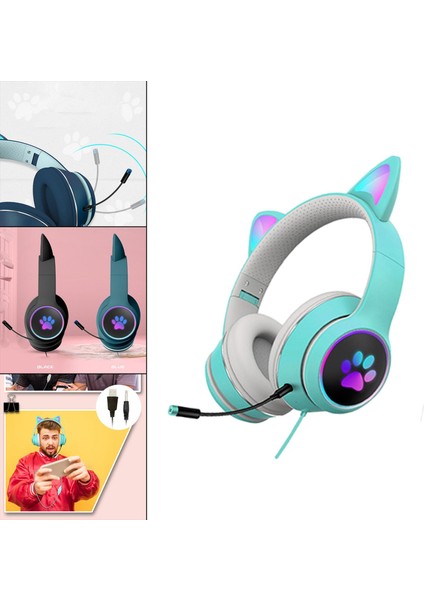 Kedi Kulak Kablolu Aşırı Kafa Kulaklık Rgb Işık Tablet Telefonları Için Gürültü Azaltma Mavi (Yurt Dışından) modelleri