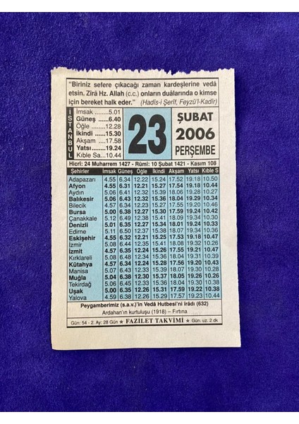 23 Şubat 2006 Takvim Yaprağı - Nostalji Koleksiyonluk Takvim Yaprağı