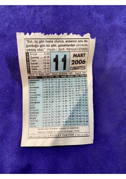 11 Mart 2006 Takvim Yaprağı - Nostalji Koleksiyonluk Takvim Yaprağı