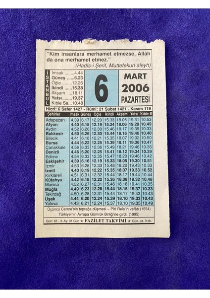 6 Mart 2006 Takvim Yaprağı - Nostalji Koleksiyonluk Takvim Yaprağı