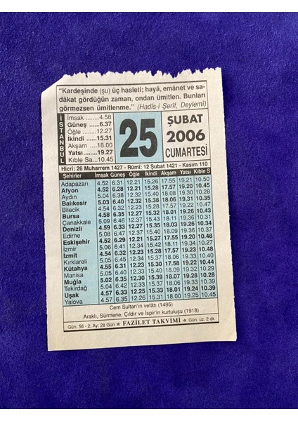 25 Şubat 2006 Takvim Yaprağı - Nostalji Koleksiyonluk Takvim Yaprağı
