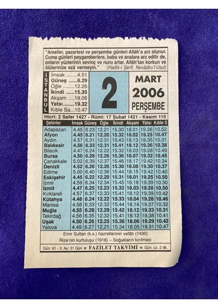 2 Mart 2006 Takvim Yaprağı - Nostalji Koleksiyonluk Takvim Yaprağı