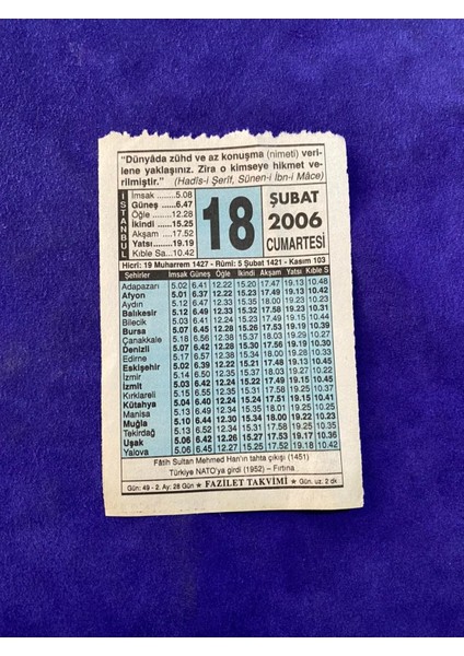 18 Şubat 2006 Takvim Yaprağı - Nostalji Koleksiyonluk Takvim Yaprağı