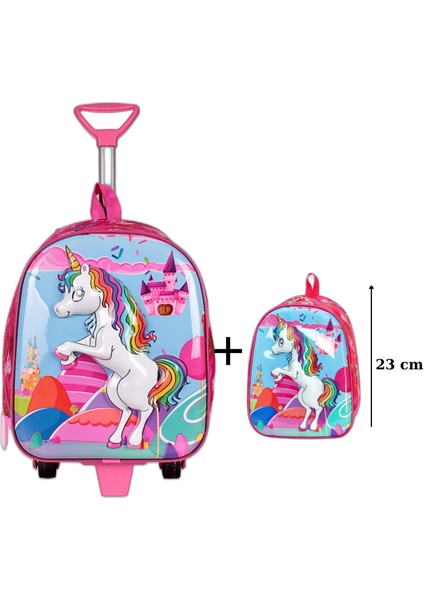 Unicorn Anaokulu Çanta Seti Çekçekli Çanta - Mini Sırt Çantası Pembe