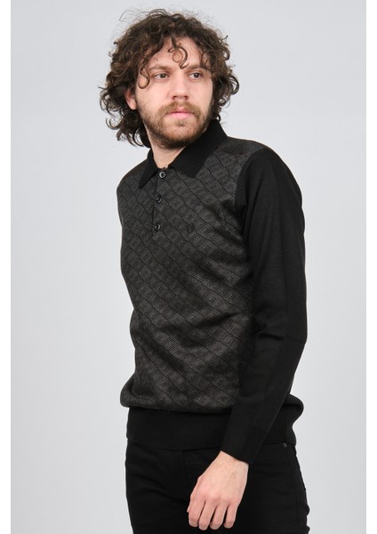 Erkek Desenli Polo Yaka Kazak 1579423 Siyah fırsatları