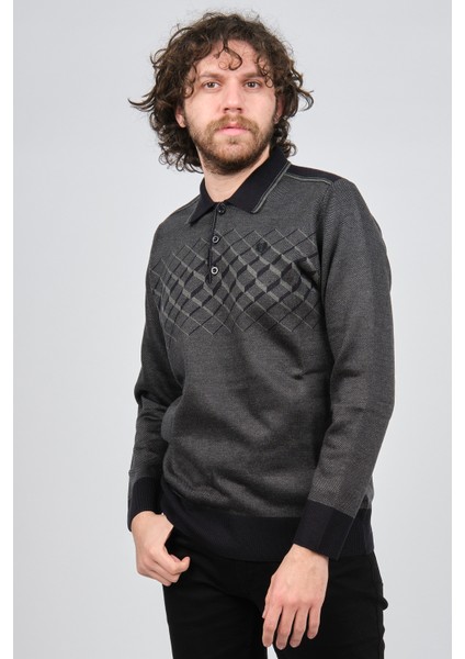 Erkek Desenli Polo Yaka Kazak 1579406 Füme