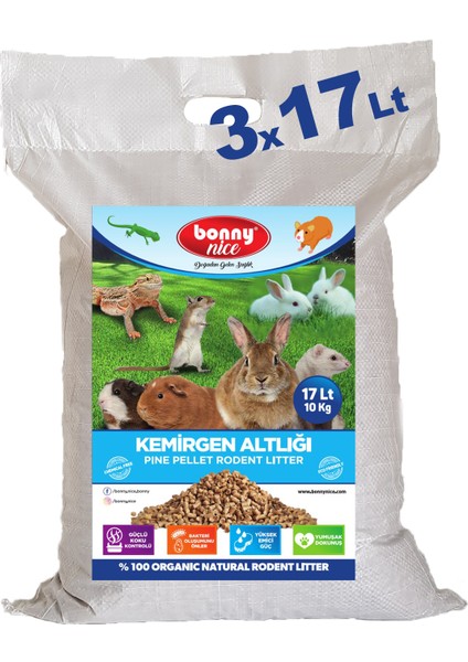 Bonny Nice Doğal Çam Pelet Ginepig Kafes Altlığı 10 kg 17 Lt 3'lü