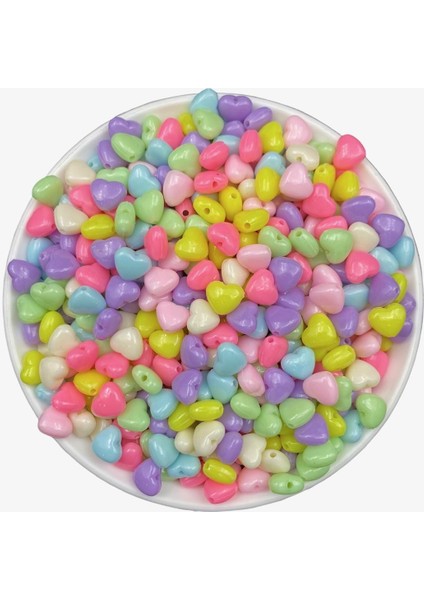 25GR 8mm Pastel Karışık Renkli Plastik Kalp Model Boncuk ,takı Yapım Boncuğu (25GR,~130 Adet)