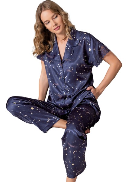 VİENETTA 161091-5156 BAYAN SATEN KISA KOL GÖMLEK YAKA DRESS BLUES PİJAMA TAKIMI