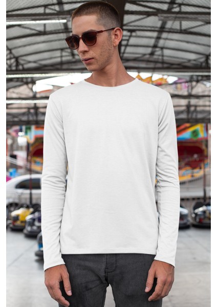 Düz Baskısız Basic Bisiklet Yaka Beyaz Uzun Kollu Penye Erkek T-Shirt