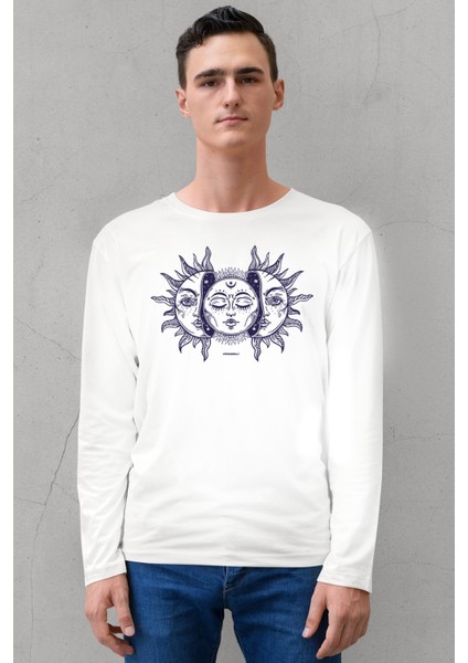 Ay Güneş Bisiklet Yaka Siyah Uzun Kollu Penye Erkek T-Shirt