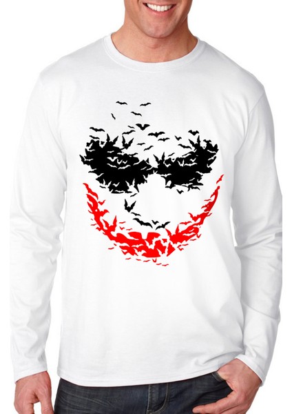 Yarasa Gülüşü Bisiklet Yaka Beyaz Uzun Kollu Penye Erkek T-Shirt