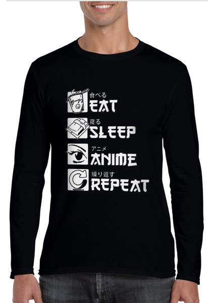 Hep Anime Bisiklet Yaka Siyah Uzun Kollu Penye Erkek T-Shirt