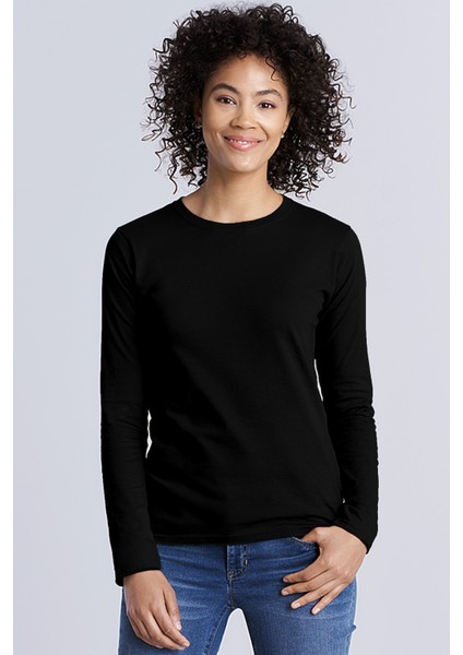 Düz Baskısız Basic Bisiklet Yaka Siyah Uzun Kollu Penye Kadın T-Shirt