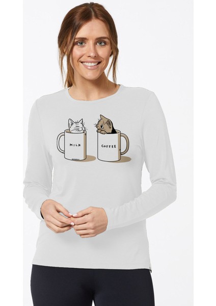 Sütlü ve Sade Bisiklet Yaka Beyaz Uzun Kollu Penye Kadın T-Shirt