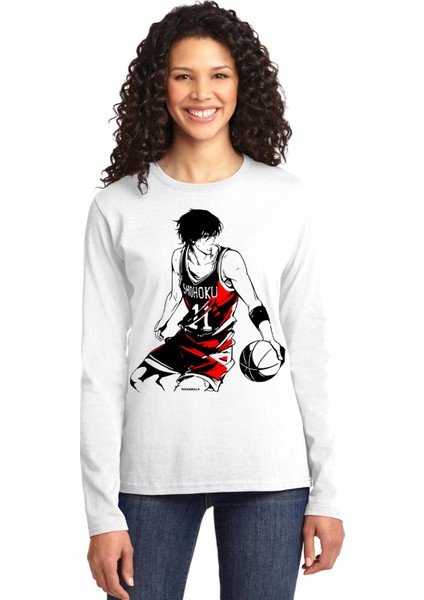 Yakışıklı Basketçi Bisiklet Yaka Beyaz Uzun Kollu Penye Kadın T-Shirt