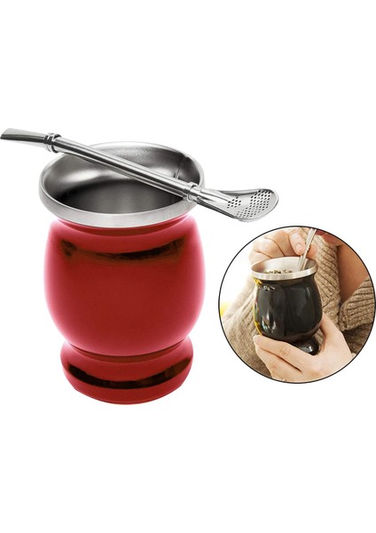Paslanmaz Çelik Yerba Mate Kupası Seti Çift Katmanlı Vakum Yalıtım Kupa Kırmızı (Yurt Dışından)
