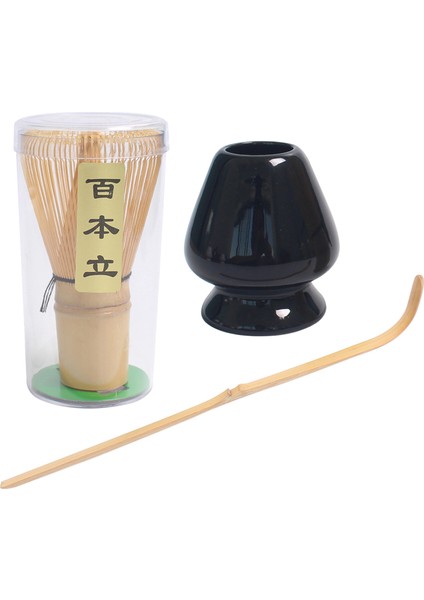 Matcha Çay Teli Set Bambu Çırpma Teli + Bambu Kaşık + Seramik Çırpma Tutucu Siyah (Yurt Dışından)
