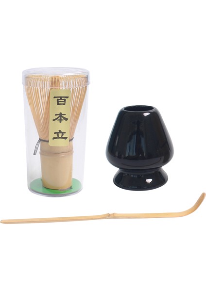 Matcha Çay Teli Set Bambu Çırpma Teli + Bambu Kaşık + Seramik Çırpma Tutucu Siyah (Yurt Dışından)