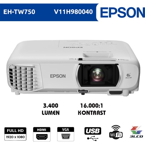 Epson EH-TW750 Full HD 3400 Lümen Uhe 16.000:1 HDMI+USB/VGA + Wifi Projeksiyon Cihazı