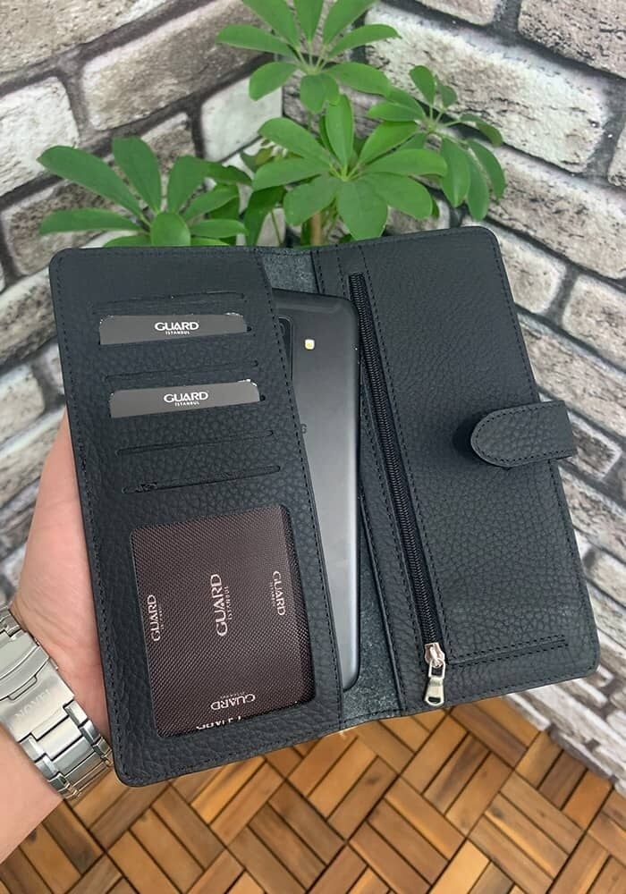 Guard Mat Siyah Kart ve Para Slotlu Deri Telefon Cüzdanı görsel 2
