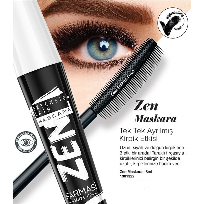 Farmasi Zen Maskara 8 ml Hacim Verici Uzatma Etkili Siyah Renkli Büyük Boy Kirpikler İçin