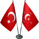 Satürn Design Masaüstü Ittihat ve Terakki Bayrağı Türk Bayrağı İkili Krom Direk Masa Bayrak Seti