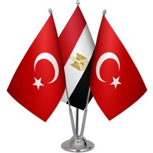 Masa Üstü Mısır Bayrağı Türk Bayrağı Üçlü Krom Direk Masa Bayrak Seti