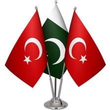 Masa Üstü Pakistan Bayrağı Türk Bayrağı Üçlü Krom Direk Masa Bayrak Seti