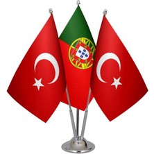 Satürn Design Masa Üstü Portekiz Bayrağı Türk Bayrağı Üçlü Krom Direk Masa Bayrak Seti