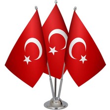 Masa Üstü Üçlü Türkiye Cumhuriyeti Bayrağı Üçlü Krom Direk Masa Bayrak Seti