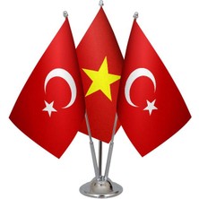 Masa Üstü Vietnam Bayrağı Türk Bayrağı Üçlü Krom Direk Masa Bayrak Seti