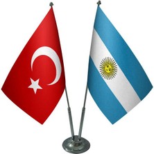 Satürn Design Masaüstü Arjantin Bayrağı Türk Bayrağı İkili Krom Direk Masa Bayrak Seti