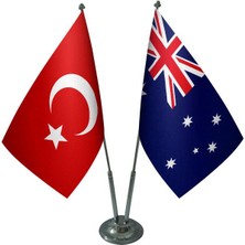 Satürn Design Masaüstü Avustralya Bayrağı Türk Bayrağı İkili Krom Direk Masa Bayrak Seti
