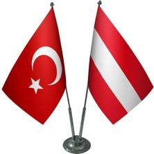 Satürn Design Masaüstü Avusturya Bayrağı Türk Bayrağı İkili Krom Direk Masa Bayrak Seti