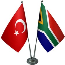 Satürn Design Masaüstü Güney Afrika Bayrağı Türk Bayrağı İkili Krom Direk Masa Bayrak Seti
