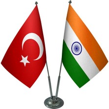 Satürn Design Masaüstü Hindistan Bayrağı Türk Bayrağı İkili Krom Direk Masa Bayrak Seti