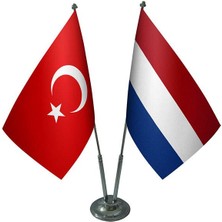 Satürn Design Masaüstü Hollanda Bayrağı Türk Bayrağı İkili Krom Direk Masa Bayrak Seti