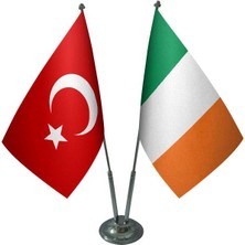 Satürn Design Masaüstü Irlanda Bayrağı Türk Bayrağı İkili Krom Direk Masa Bayrak Seti