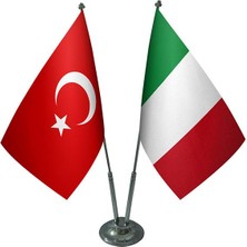 Satürn Design Masaüstü Italya Bayrağı Türk Bayrağı İkili Krom Direk Masa Bayrak Seti